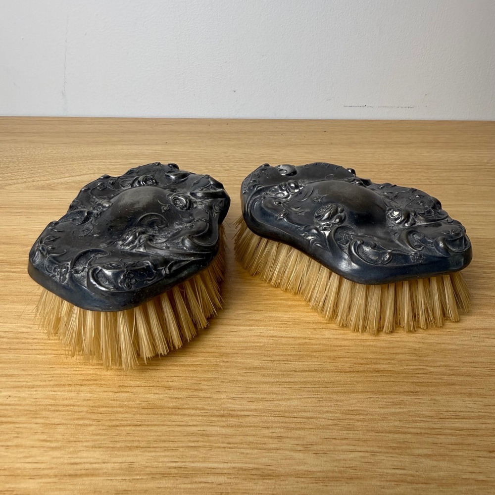 Vintage Ornate Repousse Floral Hair Clothes Brushes Set Silver Tone Rose Petal